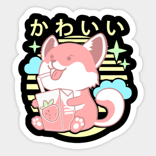 Kawaii Aesthetics Japanese Strawberry Milk Shake かわいい Fox - Pink - Strawberry Milk Sticker